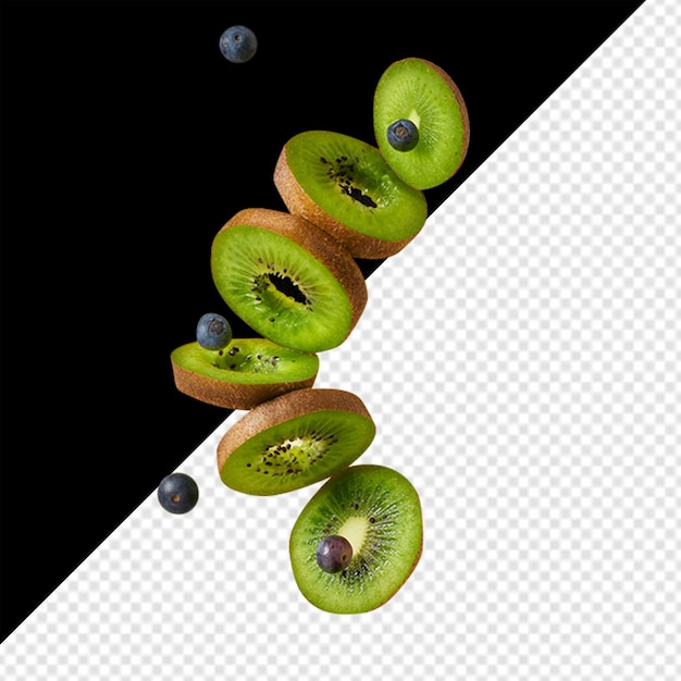 Kleine Kiwi-Fruchtstücke und Blaubeeren in PNG mit durchsichtigem Hintergrund