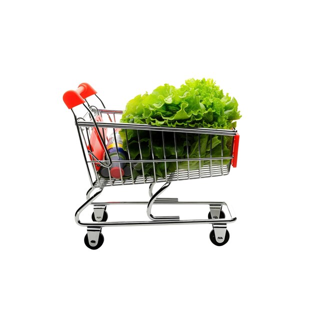 Kleiner Einkaufswagen mit Salat und Flaschen