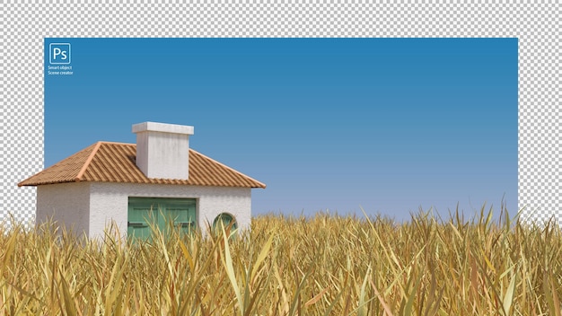 Kleines Haus im trockenen Gras auf dem Feld