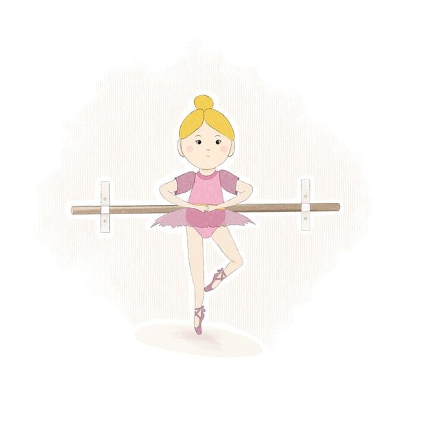 Kleines Mädchen macht Übungen Ballettpostkarte Kind Schöne Illustration Rosa Kleidung Blonde Figur Flach
