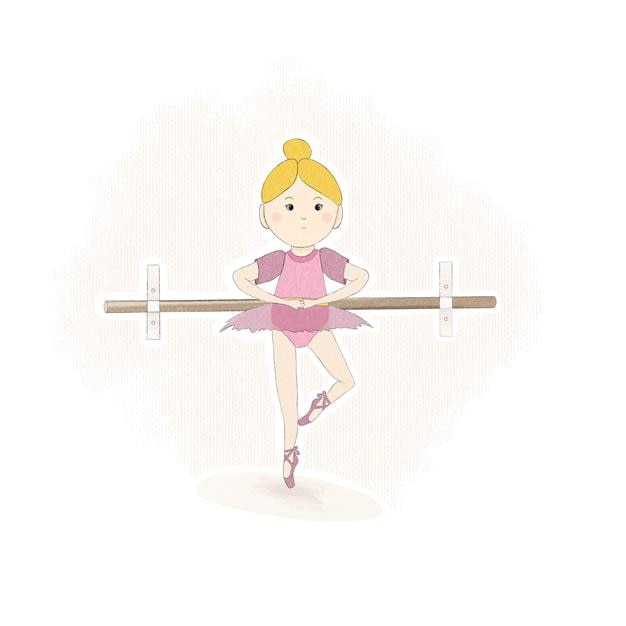 PSD kleines mädchen macht übungen ballettpostkarte kind schöne illustration rosa kleidung blonde figur flach