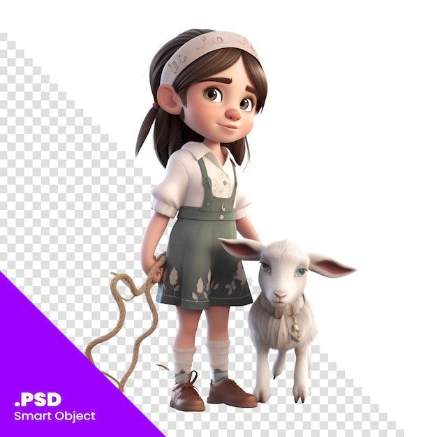 PSD kleines mädchen mit einem lamm auf weißem hintergrund, 3d-rendering-psd-vorlage