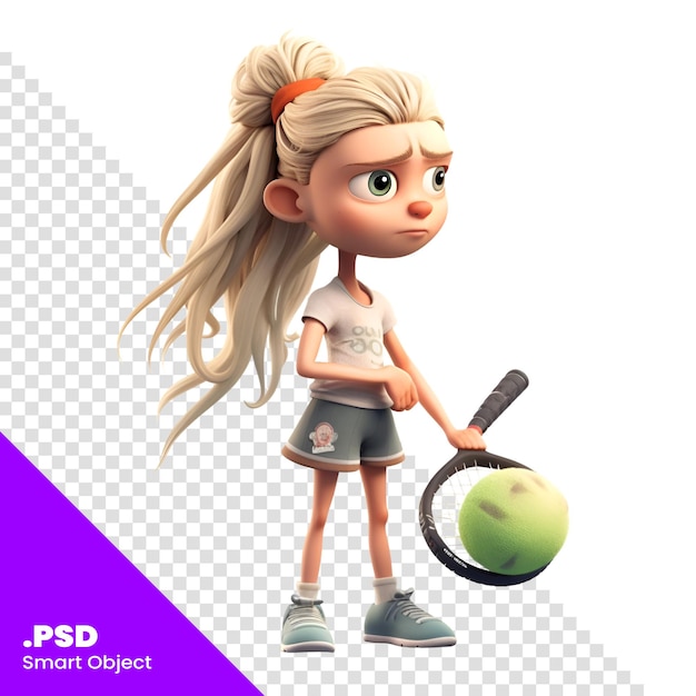 PSD kleines mädchen mit tennisschläger und ball3d-rendering isoliert auf weißem hintergrund psd-vorlage