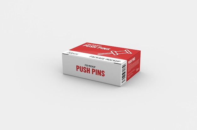 Kleines Push-Pin-Box-Verpackungsmodell für Markenwerbung auf sauberem Hintergrund