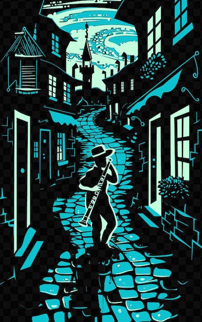 Klezmer clarinetista en un shtetl judío con cobblestone stre cartel postal del día mundial de la música