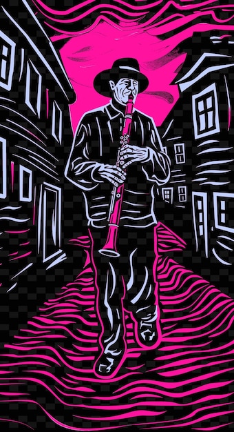 PSD klezmer clarinetista en un shtetl judío con diseños de carteles de música ilustrados con piedra adoquinada