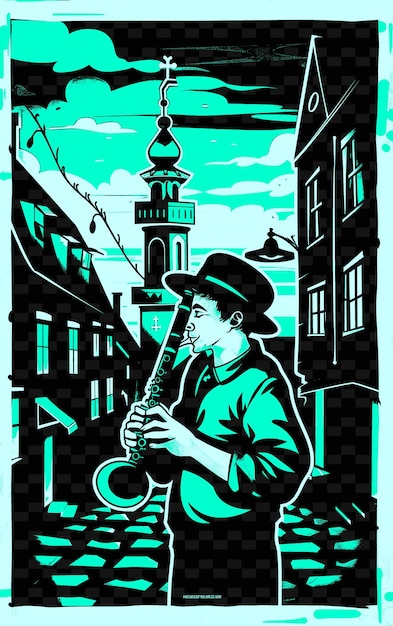 PSD klezmer-klarinettist in einem jüdischen shtetl mit cobblestone stre illustration musik-poster-designs