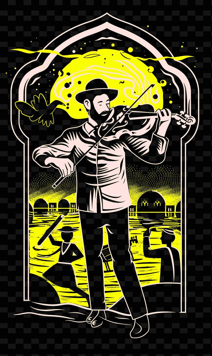 PSD klezmer violinista en una boda judía con danza de hora e ilustración diseños de carteles de música