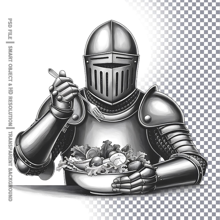 PSD knight eating salad