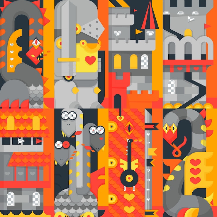 PSD knight tales fantasy seamless pattern dragons and castles