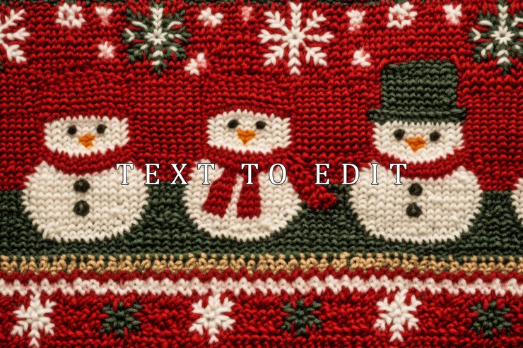 PSD knitted christmas sweater with three snowmen and snowflakes