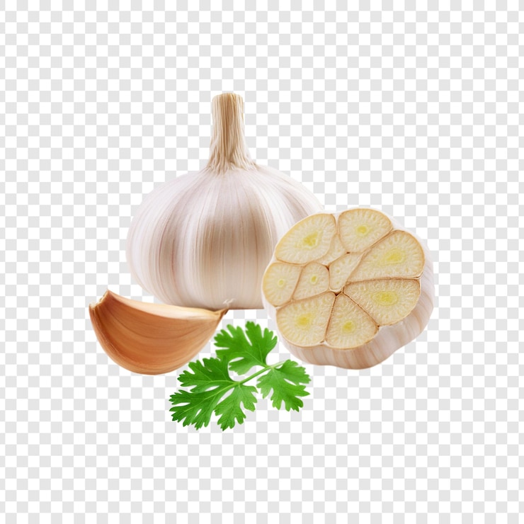 PSD knoblauch mit scheibe und korianderblatt auf durchsichtigem hintergrund