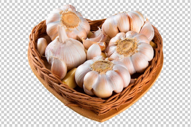 Knoblauchzehen und Zwiebel im Herzkorb png transparenter Hintergrund