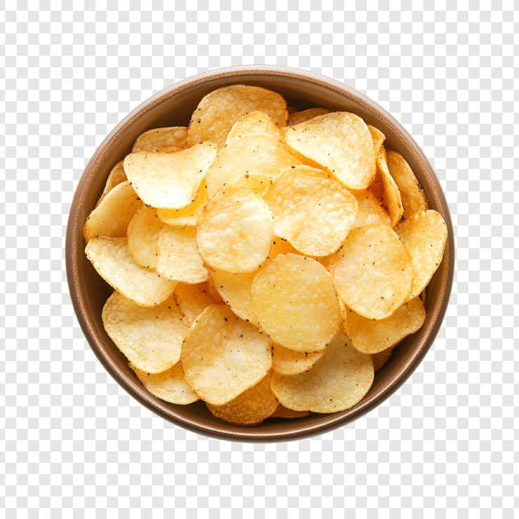 PSD knusprige goldene chips schüssel über kopf schuss snack lebensmittel textur bild