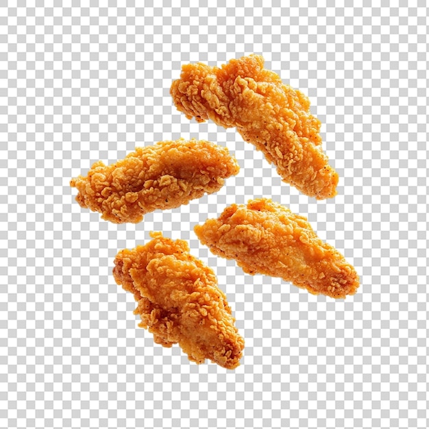 Knusprige Hühnerfinger fallen in die Luft, isoliert auf einem durchsichtigen Hintergrund