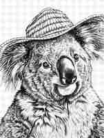 PSD koala com um chapéu de sol e uma expressão relaxada design de cartaz animais esboço arte coleções vetoriais