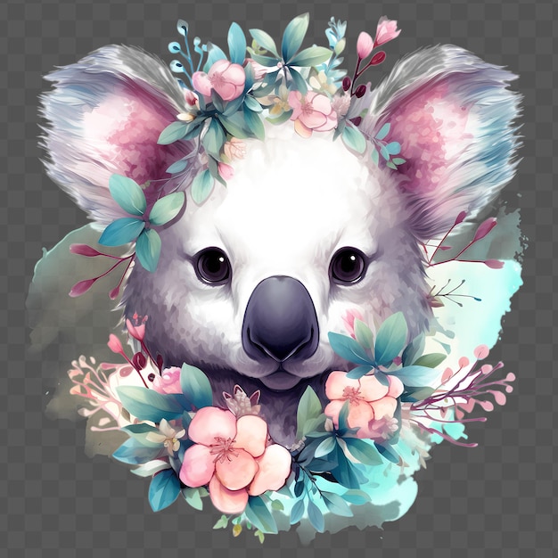 PSD un koala avec des fleurs sur sa tête et une image d'un koala avec une fleur dessus