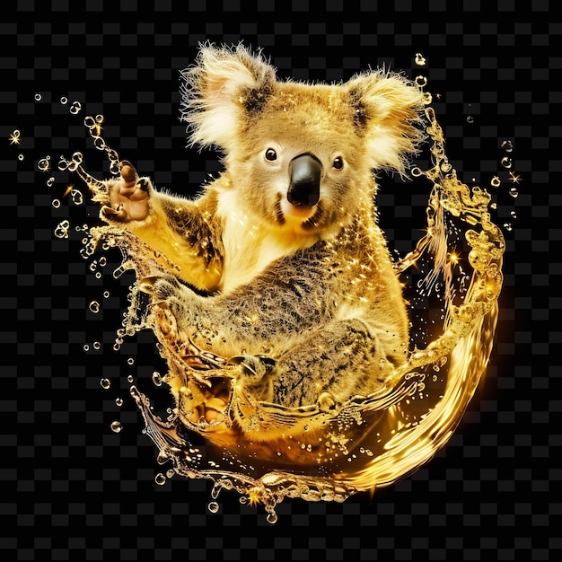 PSD koala formado en el flujo de miel líquido transparente dorado con colecciones de arte de formas abstractas de animales