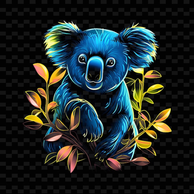 Koala Leafy Canopy Swooping Neon Lines Eucalyptus Leaves Cur PNG Y2K Formas Artes de Luz Transparente