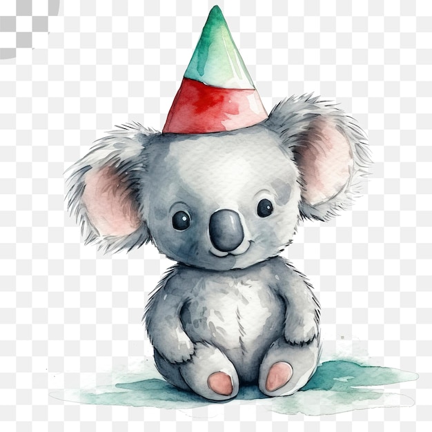 PSD koala vestindo chapéu de aniversário a aquarela em fundo transparente