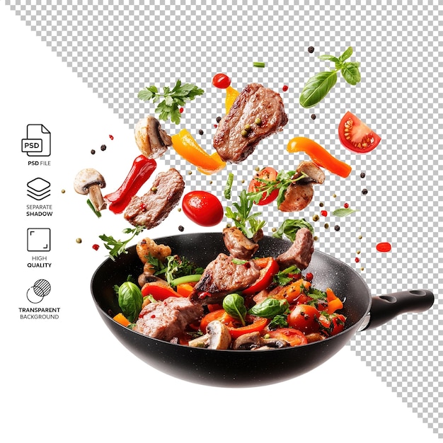 Kochen Gemüse und Fleisch fliegen isoliert ohne Hintergrund
