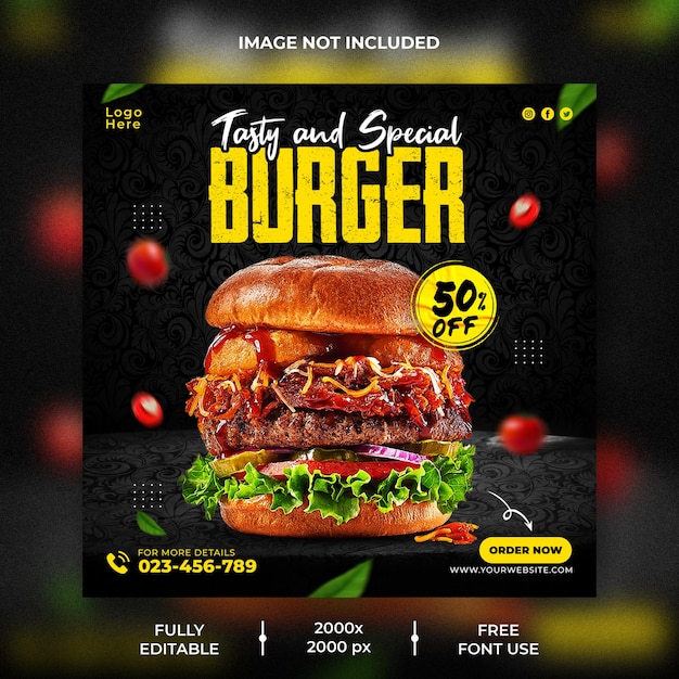 Köstliche Burger-Social-Media-Werbebanner-Vorlage