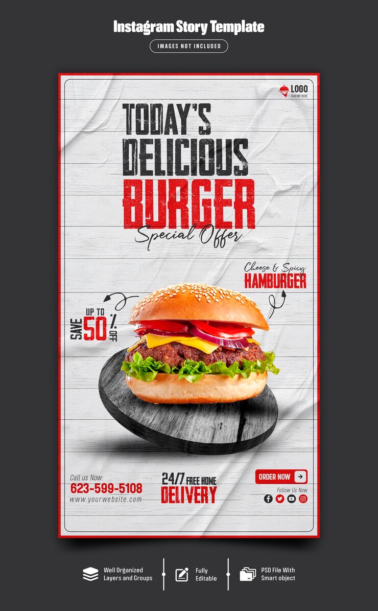 Köstliche Burger- und Lebensmittelmenü-Instagram-Story-Vorlage Premium-PSD