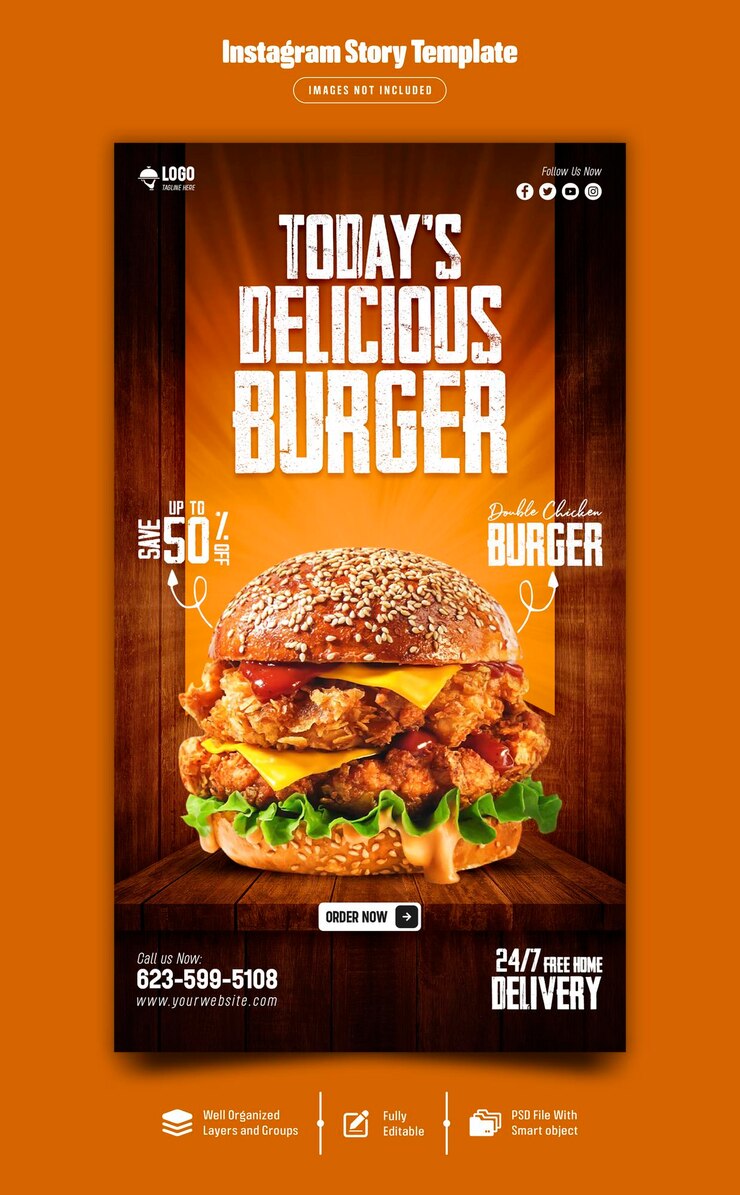 Köstliche Burger- und Lebensmittelmenü-Instagram-Story-Vorlage Premium-PSD