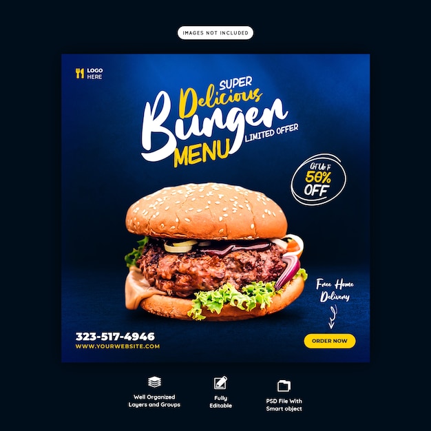 Köstliche Burger und Lebensmittelmenü Social Media Banner Vorlage