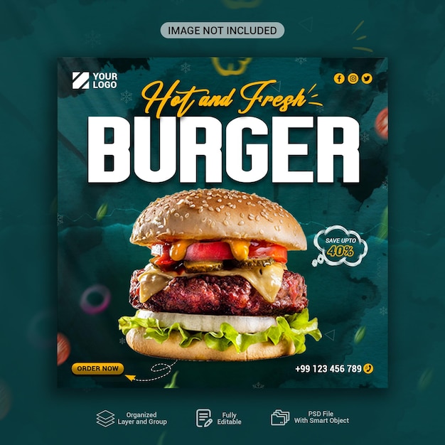 Köstliche Burger- und Lebensmittelmenü-Social-Media-Banner-Vorlage