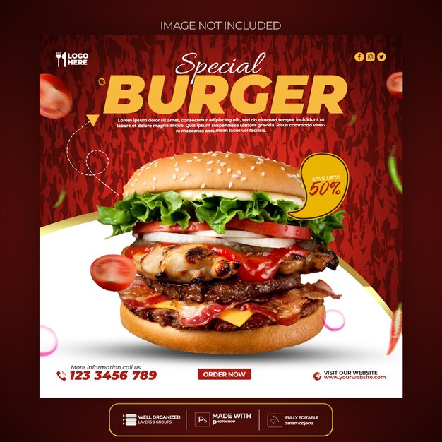 Köstliche Burger- und Lebensmittelmenü-Social-Media-Banner-Vorlage