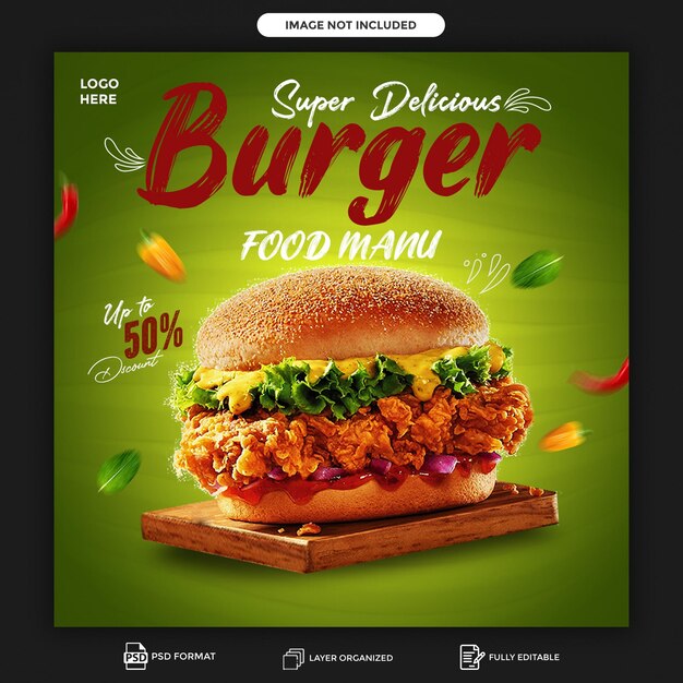 köstliche burger- und lebensmittelmenü-werbung in sozialen medien und instagram-post-banner-vorlage psd