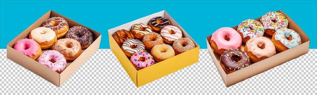 Köstliche Donuts auf Pappschachtel, Draufsicht mit transparentem Hintergrund, generative KI-Technologie
