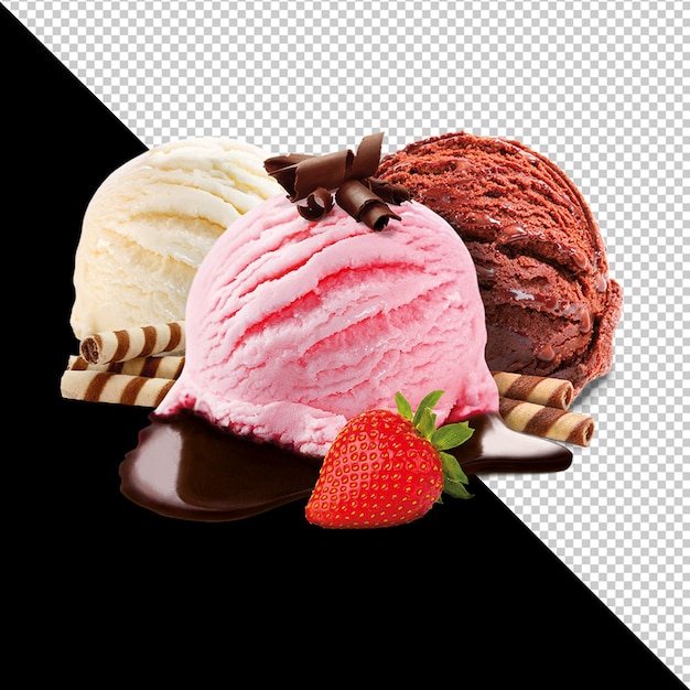 Köstliche Eiscreme mit Erdbeersauce und Schokolade