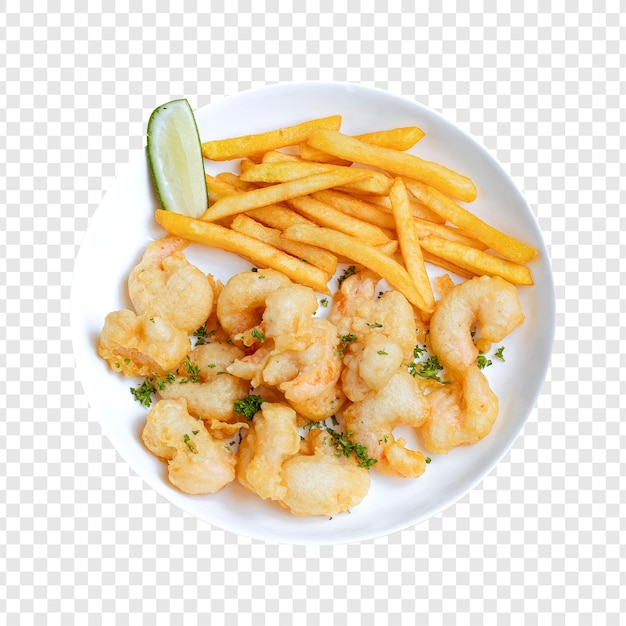 Köstliche gebratene Garnelen und Pommes Frites mit Lime Wedge auf weißem Teller