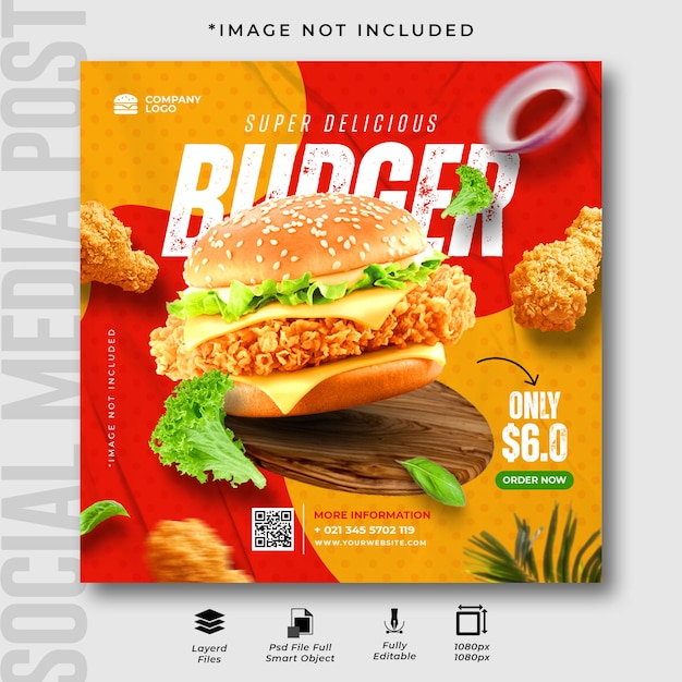 Köstliche hühnchen-burger und fast-food-social-media-beitragsvorlage