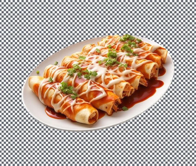 Köstliche hühner-enchiladas auf weißem hintergrund