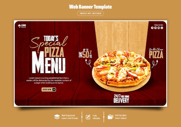 Köstliche Pizza- und Lebensmittelmenü-Webbanner-Vorlage Premium-PSD