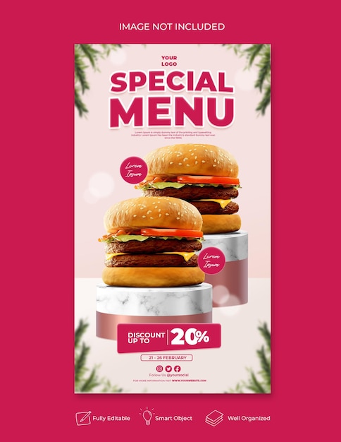 Köstliche Restaurant-Menü-Instagram- und Facebook-Story-Vorlage