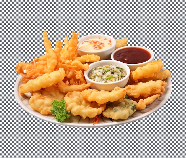 Köstliche und herrliche Veggie Tempura mit Sojasauce, isoliert auf durchsichtigem Hintergrund