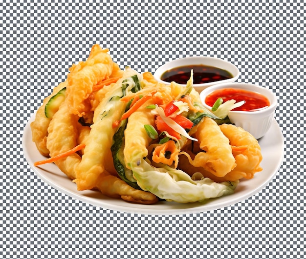 PSD köstliche und herrliche veggie tempura mit sojasauce, isoliert auf durchsichtigem hintergrund