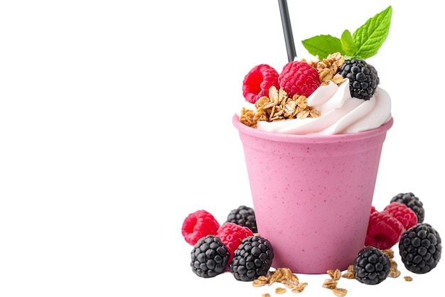 Köstlicher Beeren-Joghurt-Parfait mit Granola in rosa Becher isoliert auf weißem Hintergrund Gesundes Dess