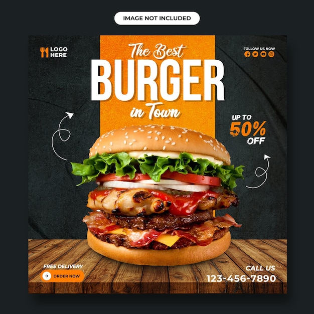 Köstlicher Burger Food-Social-Media-Banner Instagram-Beitragsvorlage und Food-Flyer-Design