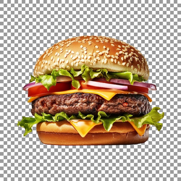 PSD köstlicher hamburger mit käse, zwiebeln, tomaten und rindfleisch auf transparentem hintergrund