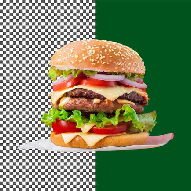 Köstlicher saftiger Cheeseburger mit frischem Gemüse und Sesambrötchen auf durchsichtigem Hintergrund png psd