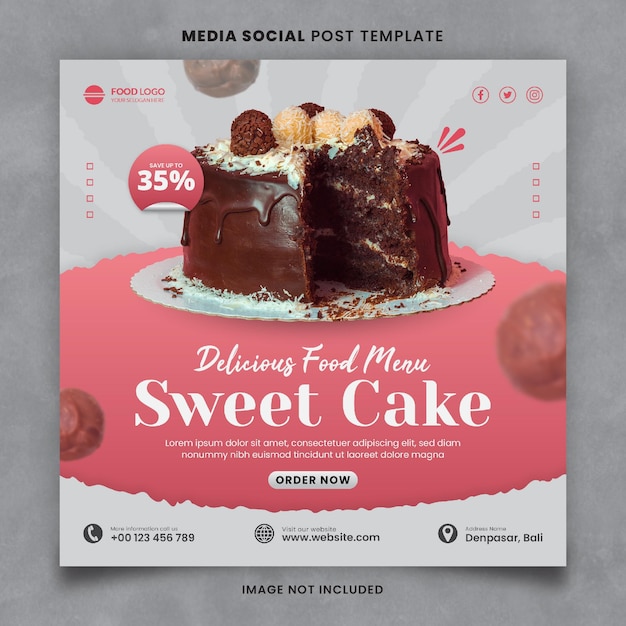 PSD köstlicher süßer schokoladenkuchen media social post vorlage