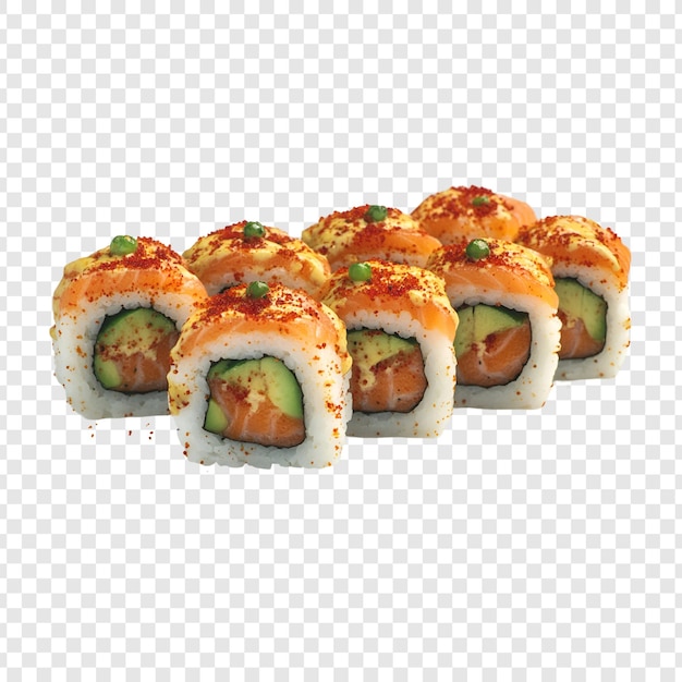 köstlicher, würziger Lachs, Avocado, Sushi-Rollen, japanisches Essen, isoliert auf durchsichtigem Boden