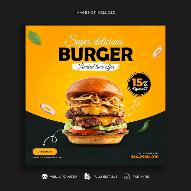 Köstliches Burger-Menü, Banner für soziale Medien und Instagram-Post-Vorlage