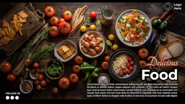 PSD köstliches essen mit blick auf den oberen tisch. poster