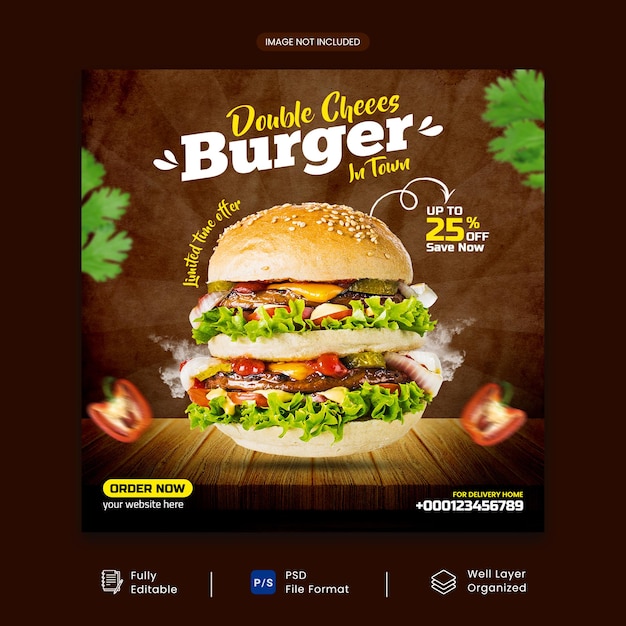 Köstliches food-burger-social-media-post-design mit mehrzwecknutzung